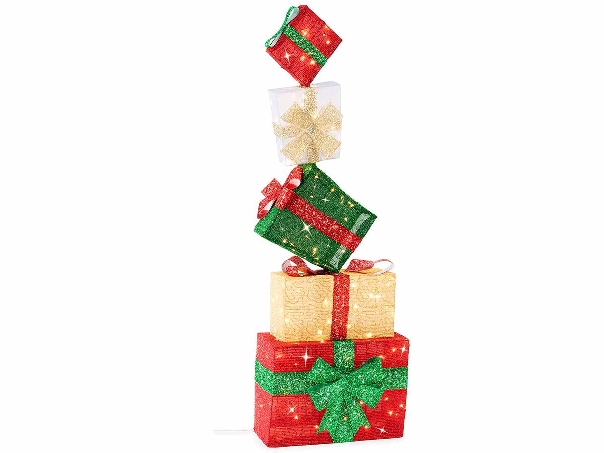 Torri di pacchi regalo natalizi con anima in metallo con luci LED. Decorazioni, cm 55 x 32 x 163 H