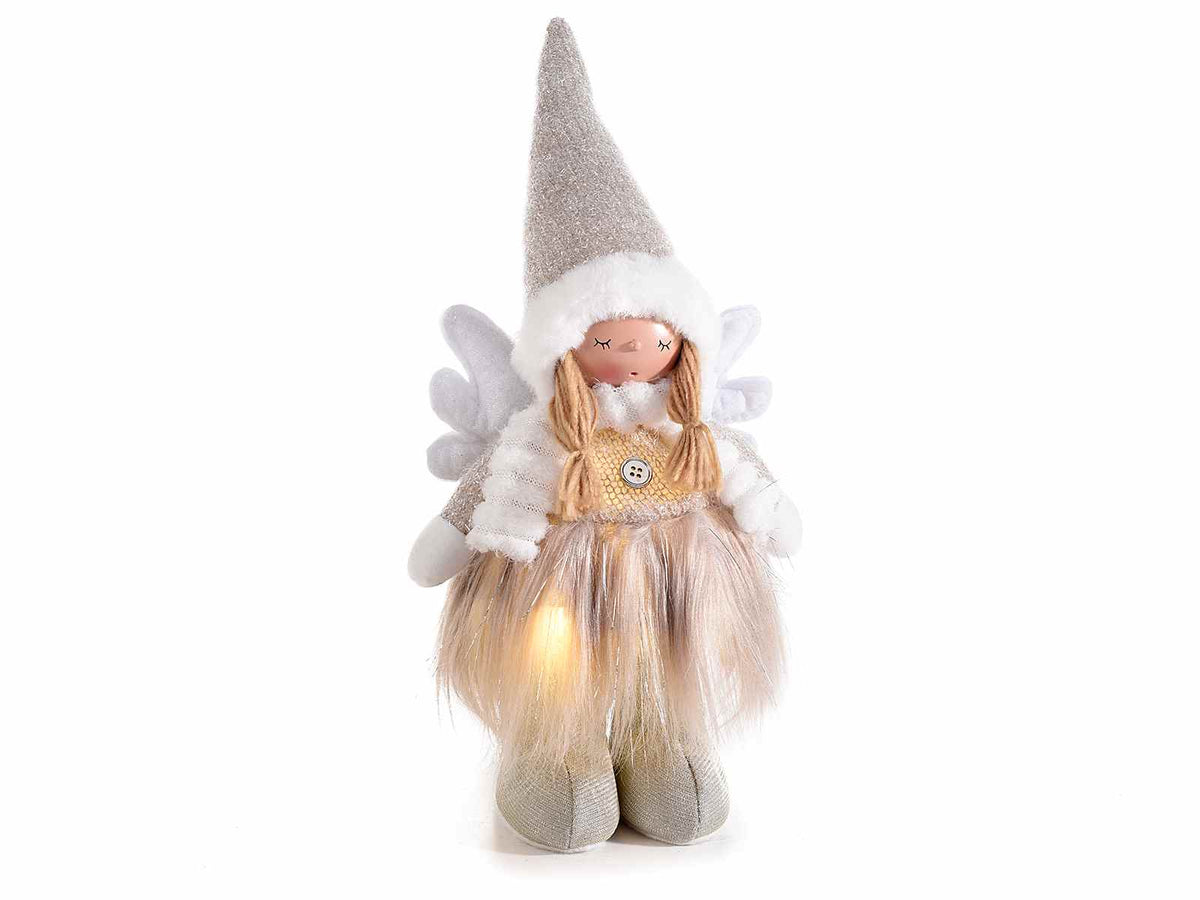 Angeli di Natale in stoffa e eco-fur dettagli argento e luce LED, cm19x10x41H (capp.esteso)