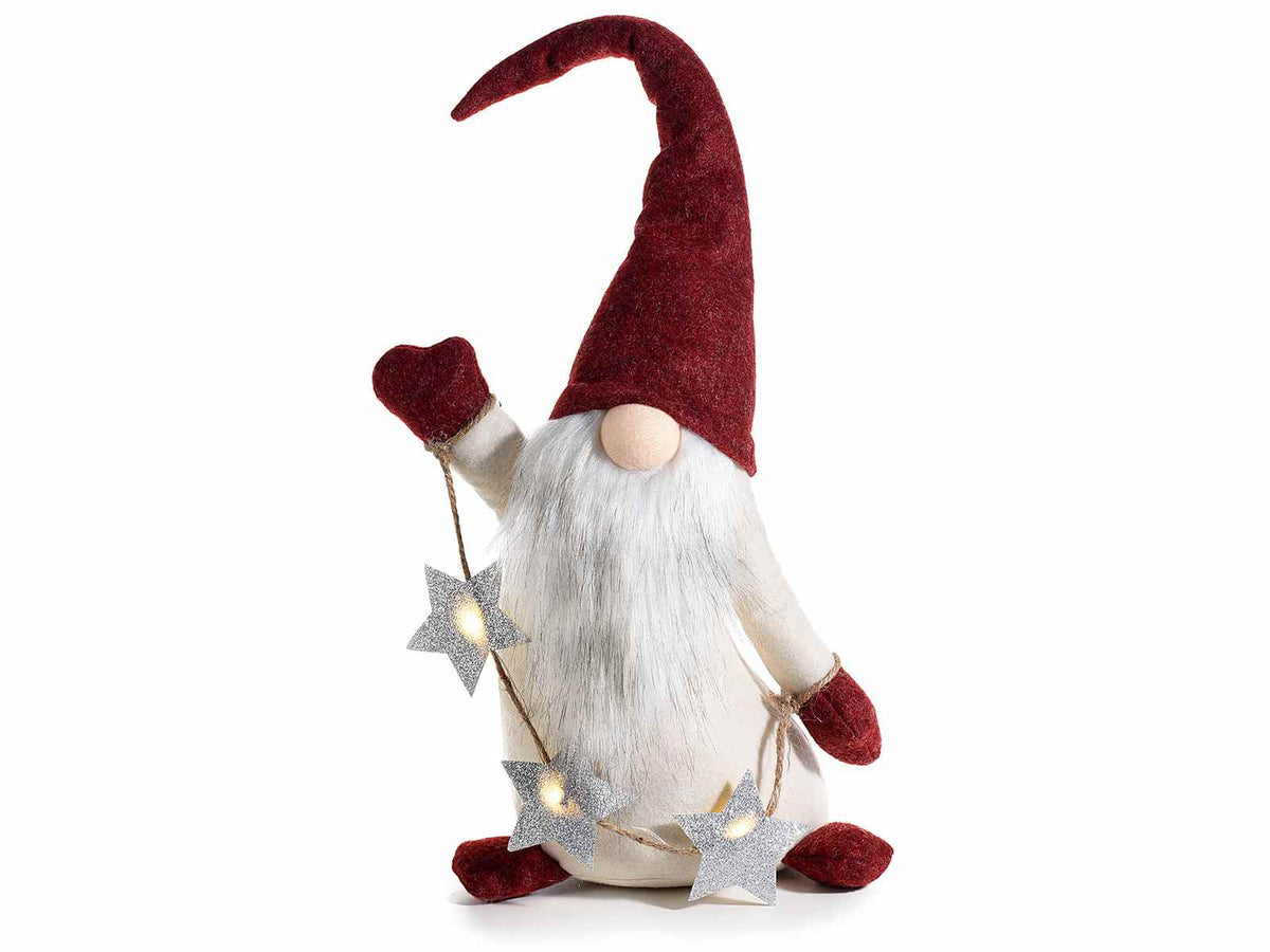 Decorazione Babbo Natale gnomo in stoffa con barba lunga e filo di luci LED, cm 22x15x58 H (capp.esteso)