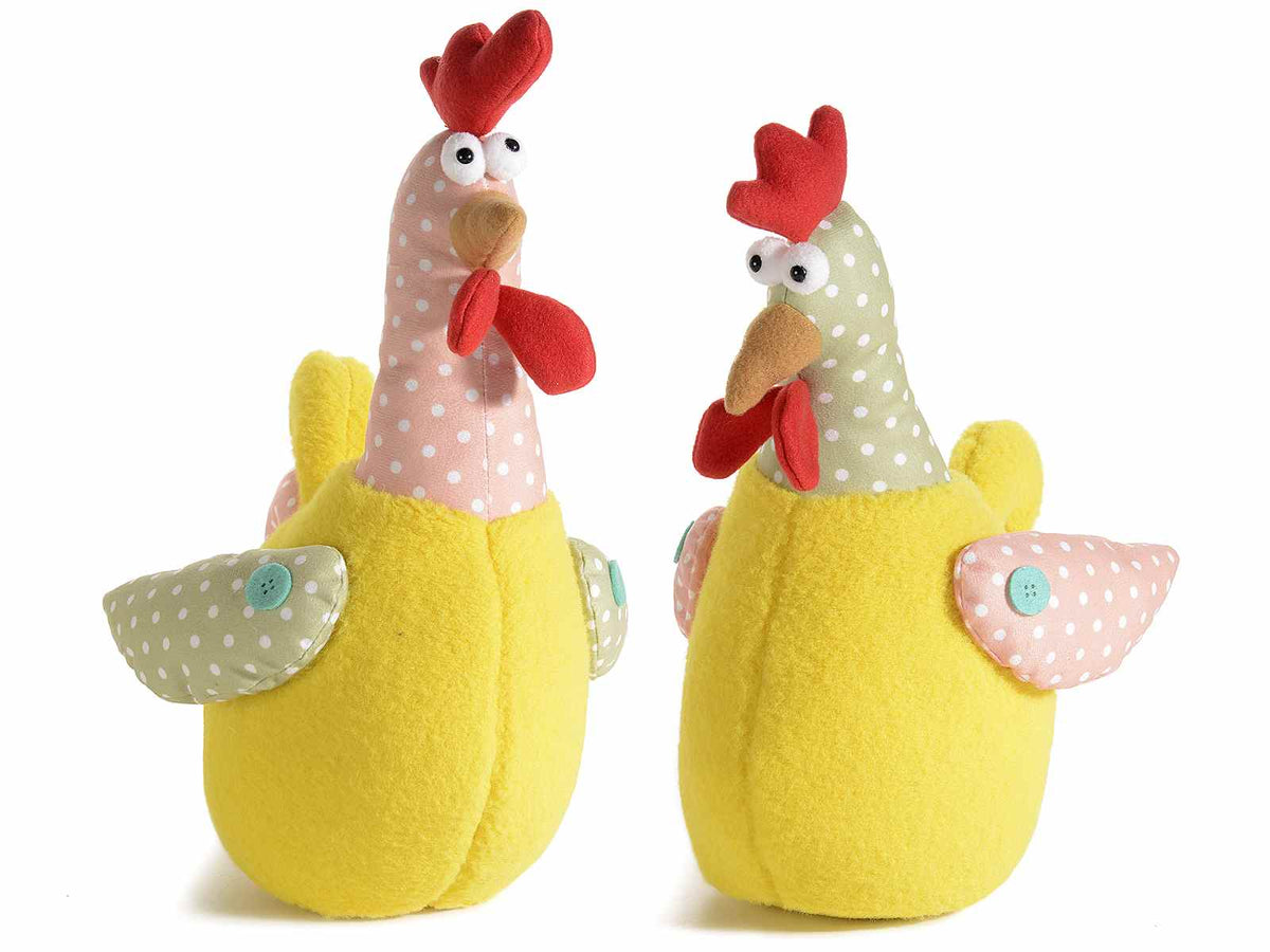 Galline campagnole di peluche e stoffa da appoggiare, set da 2 pezzi, cm 19 x 26 x 34 H