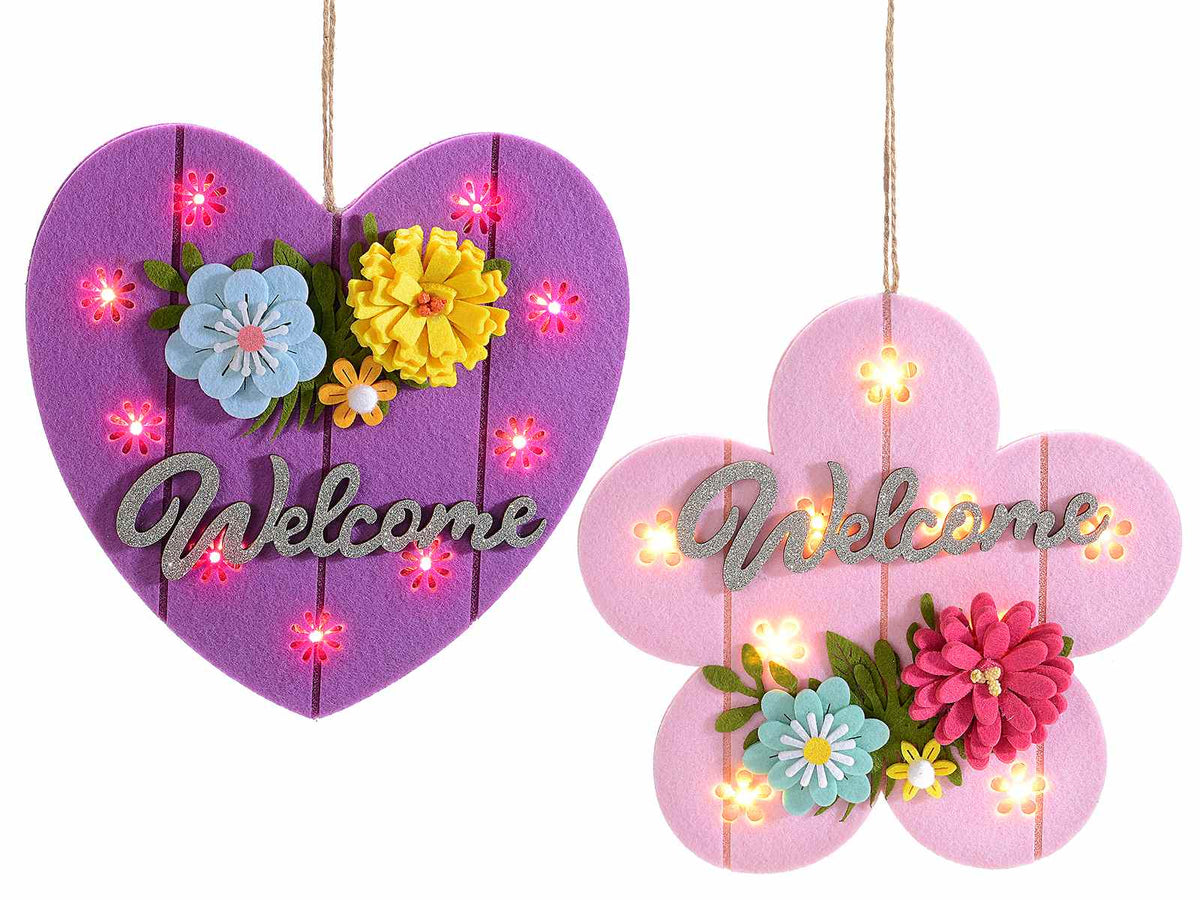 Decori in panno colorato con luci led da appendere e scritta Welcome, set da 2 pezzi, cm 20 x 20 H