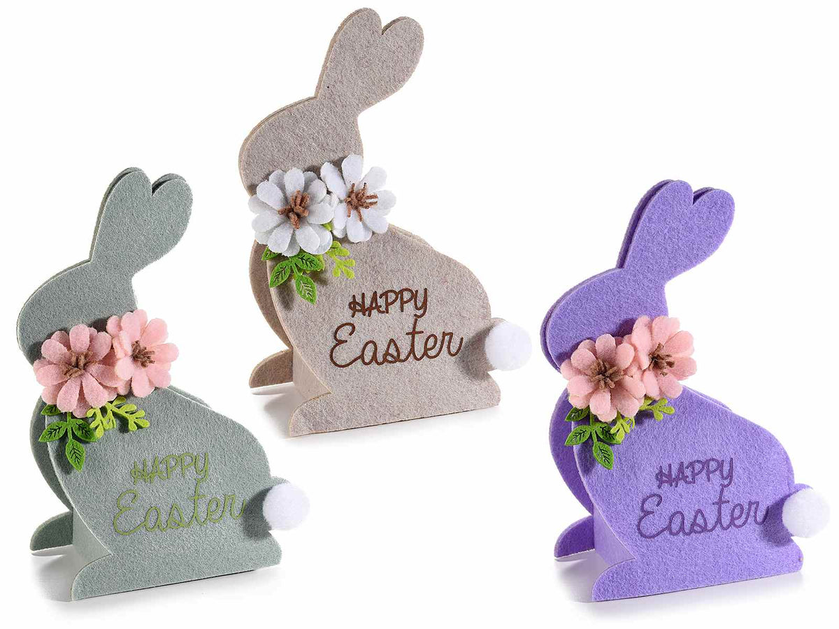 Conigli porta dolci pasquali in panno con fiore elastico di chiusura e scritta, set da 6 pezzi, cm 13 x 7,5 x 20 H