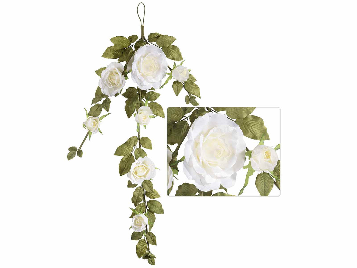 Ghirlande eleganti con rose e boccioli bianchi in stoffa, perfetta, cm 139 H (con gancio 150)