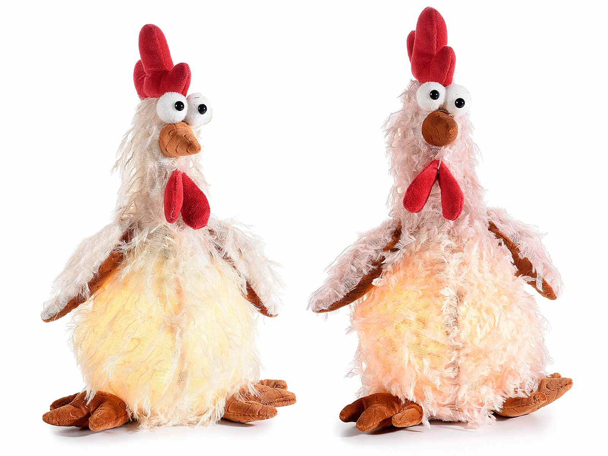 Gallinelle campagnola con stoffa effetto piume e luci LED da appoggiare, set da 2 pezzi, cm 16 x 13 x 28 H