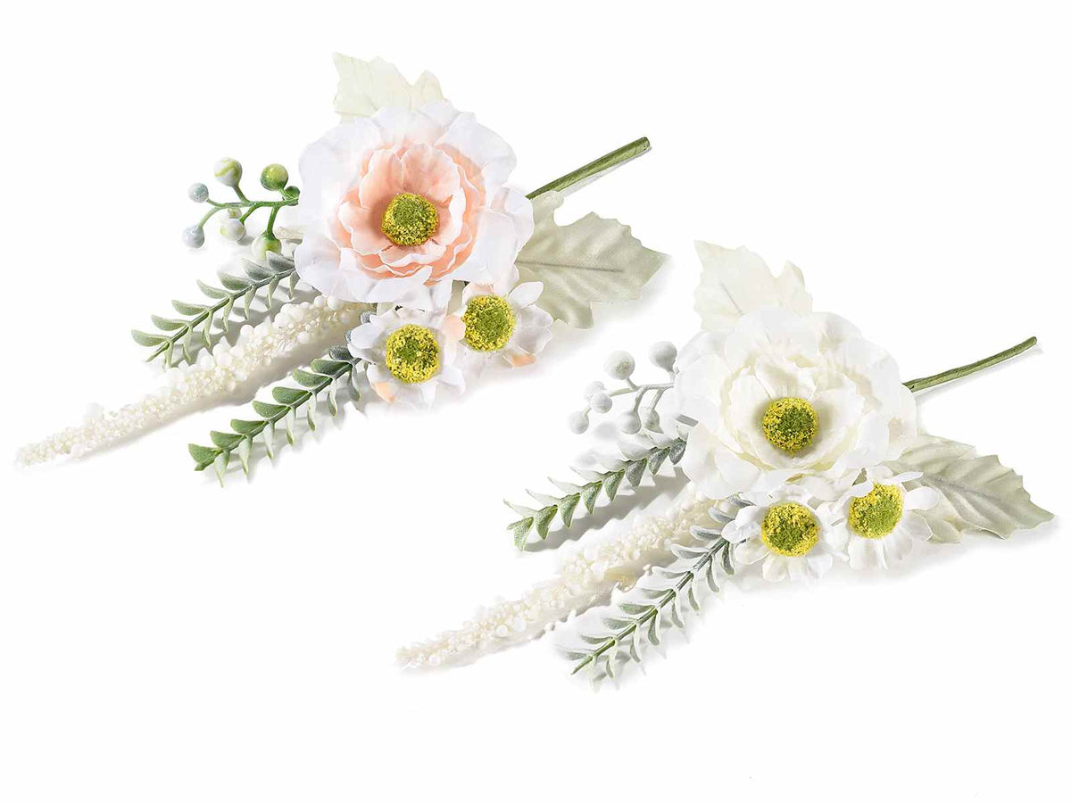 Mazzolini di peonie pick / chiudipacco con margherite e bacche artificiali, set da 18 pezzi, cm 14,5 H (con gambo21)