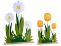 Tris di fiori in panno colorato margherite e tulipani su base in legno con api, Grande: cm 50 x 8 x 68 H