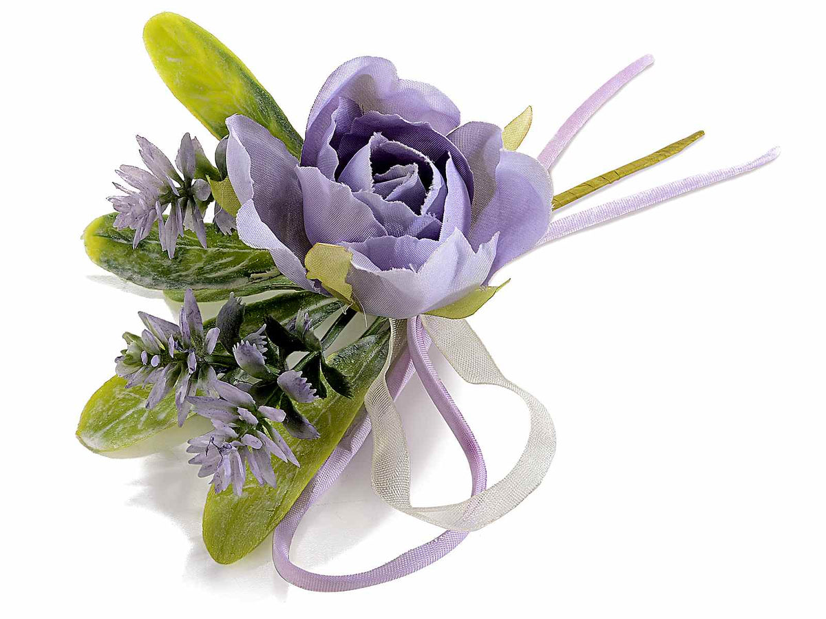 Rose pick / chiudipacco viola lilla con fiorellini artificiali e nastrino, set da 20 pezzi, cm 8 H (con gambo 13,5)