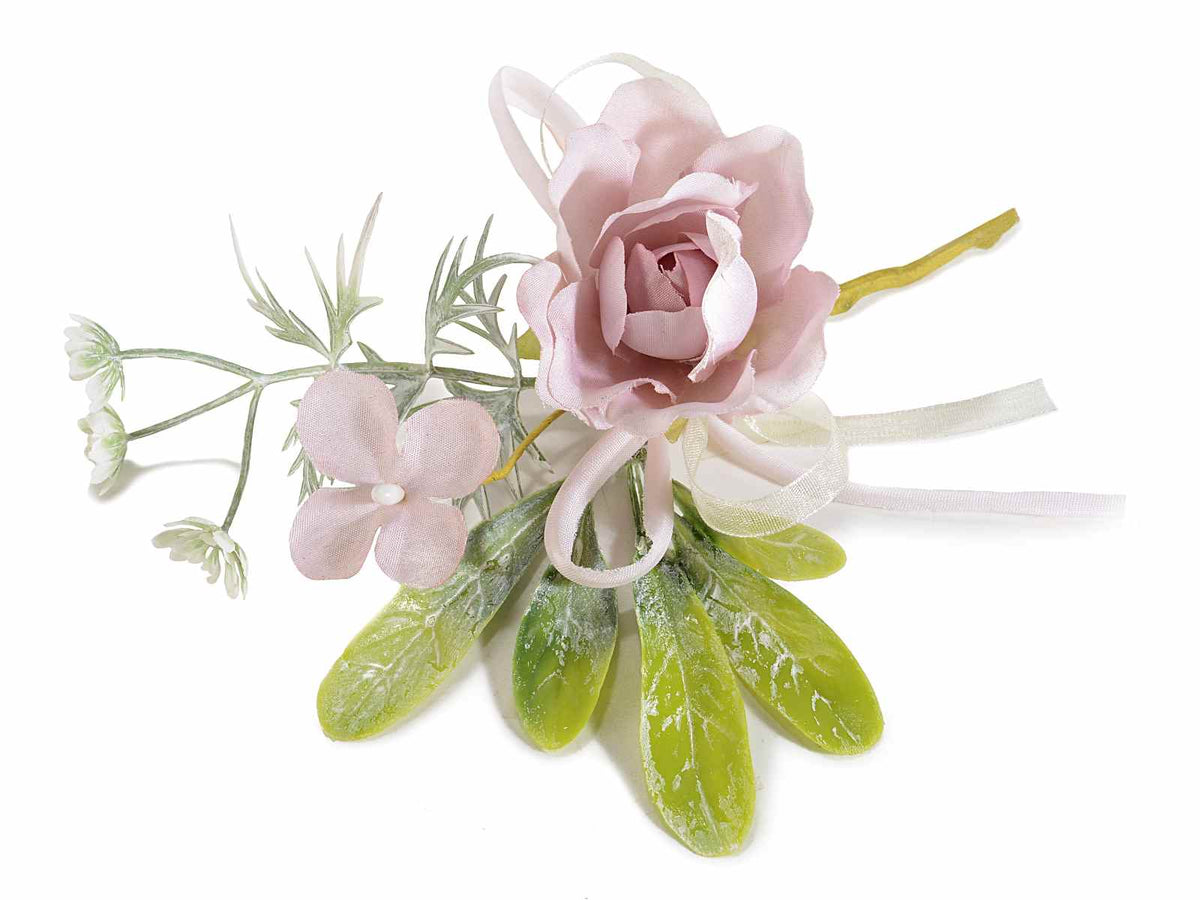 Rose pick / chiudipacco con fiorellini artificiali e nastrino con fiocco, set da 16 pezzi, cm 10 H (c / gambo 15)