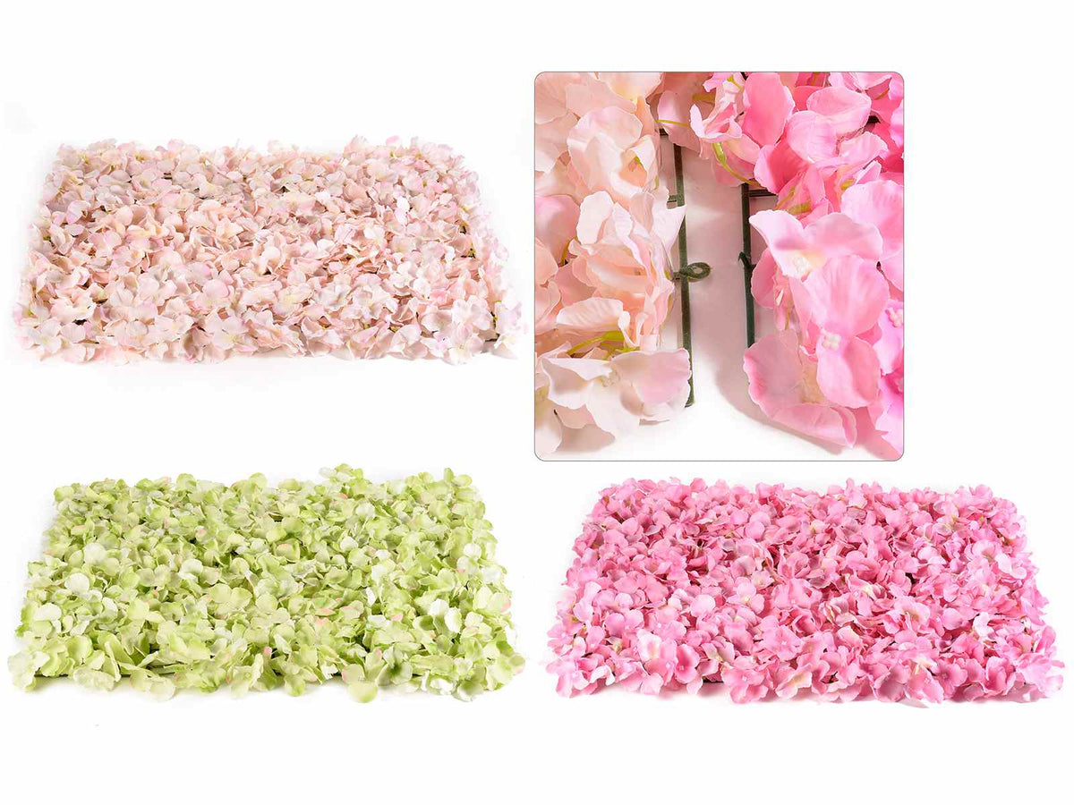 Tappeti floreali componibili con fiori di ortensia artificiali in stoffa, set da 3 pezzi, cm 5 H - Griglia: 59 x 40