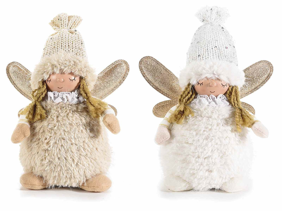 Angioletti di Natale in morbida eco-pelliccia con cappellino e ali dorate, set da 4 pezzi, cm 16 x 9 x 22 H