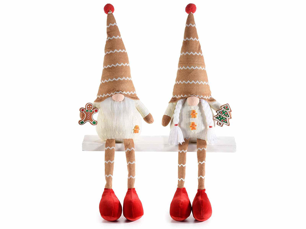 Babbo e Mamma Natale gambelunghe in stoffa con fantasia e decoro in mano, set da 2 pezzi, cm15x9,5x33H (capp.esteso)