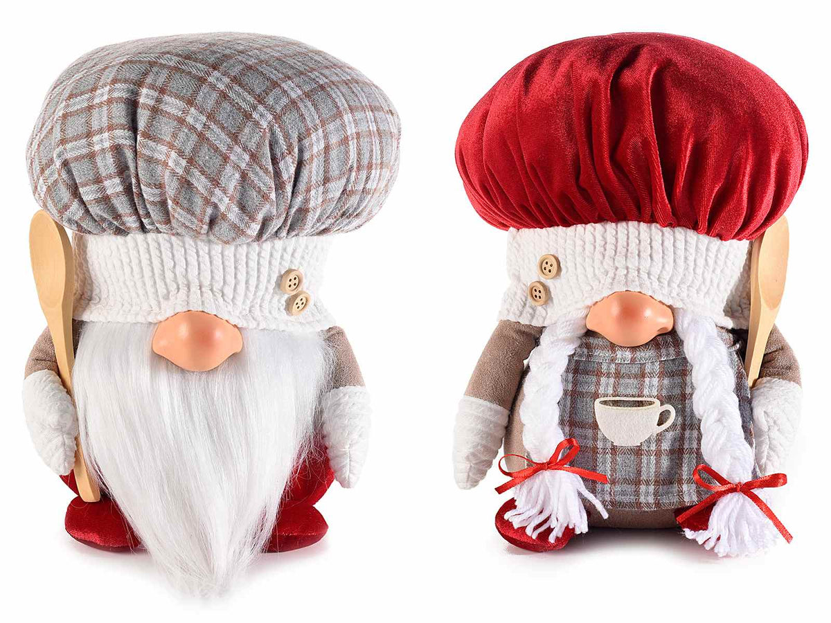 Gnomi a Babbo e Mamma Natale chef cuochi in stoffa con mestolo in legno, set da 2 pezzi, cm 18 x 16 x 24 H