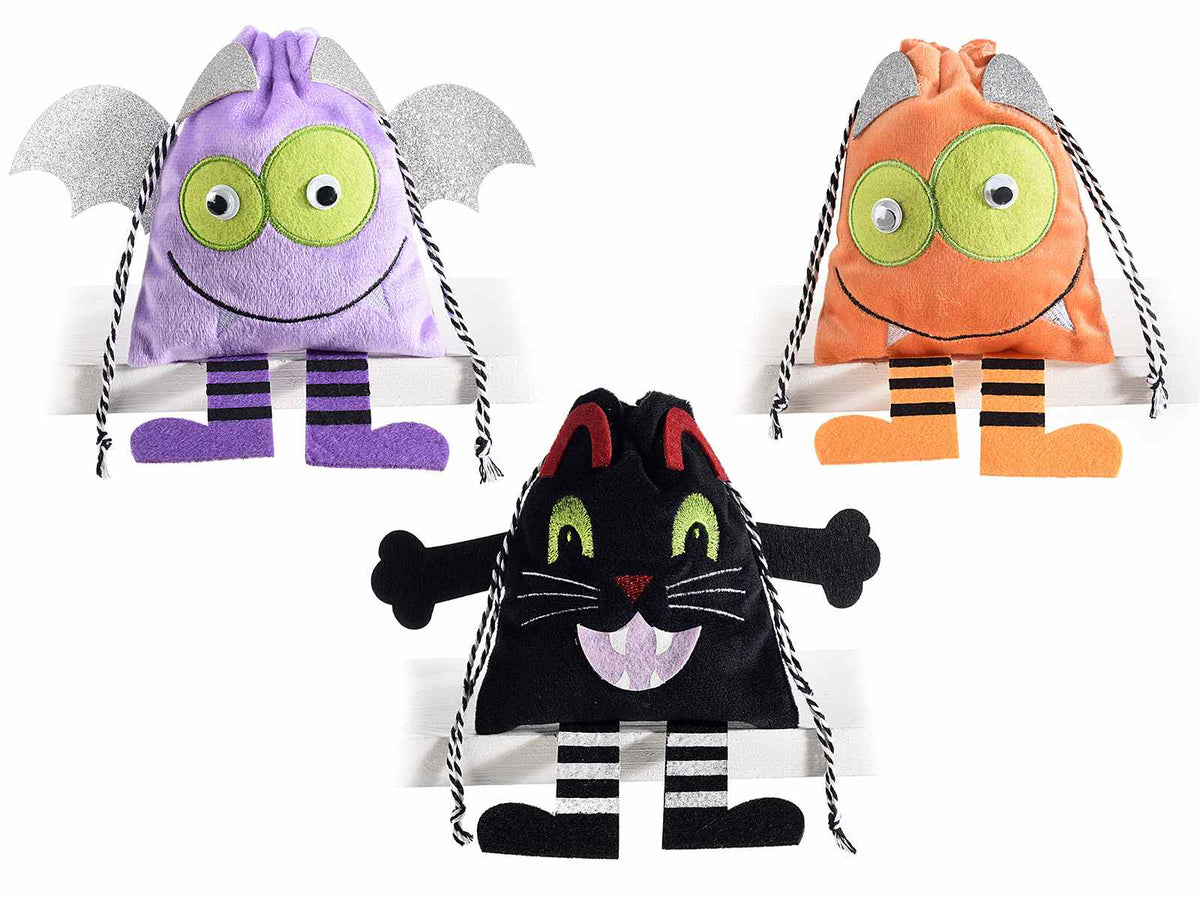 Sacchetti dolcetto scherzetto portadolci Halloween in stoffa e panno, set da 9 pezzi, cm 21,5 x 20 H