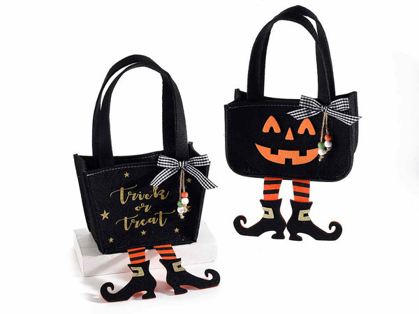 Borsette di Halloween portadolci gambelunghe in panno con manici, fiocchetto, set da 4 pezzi, cm 18 x 8 x 12,5 H
