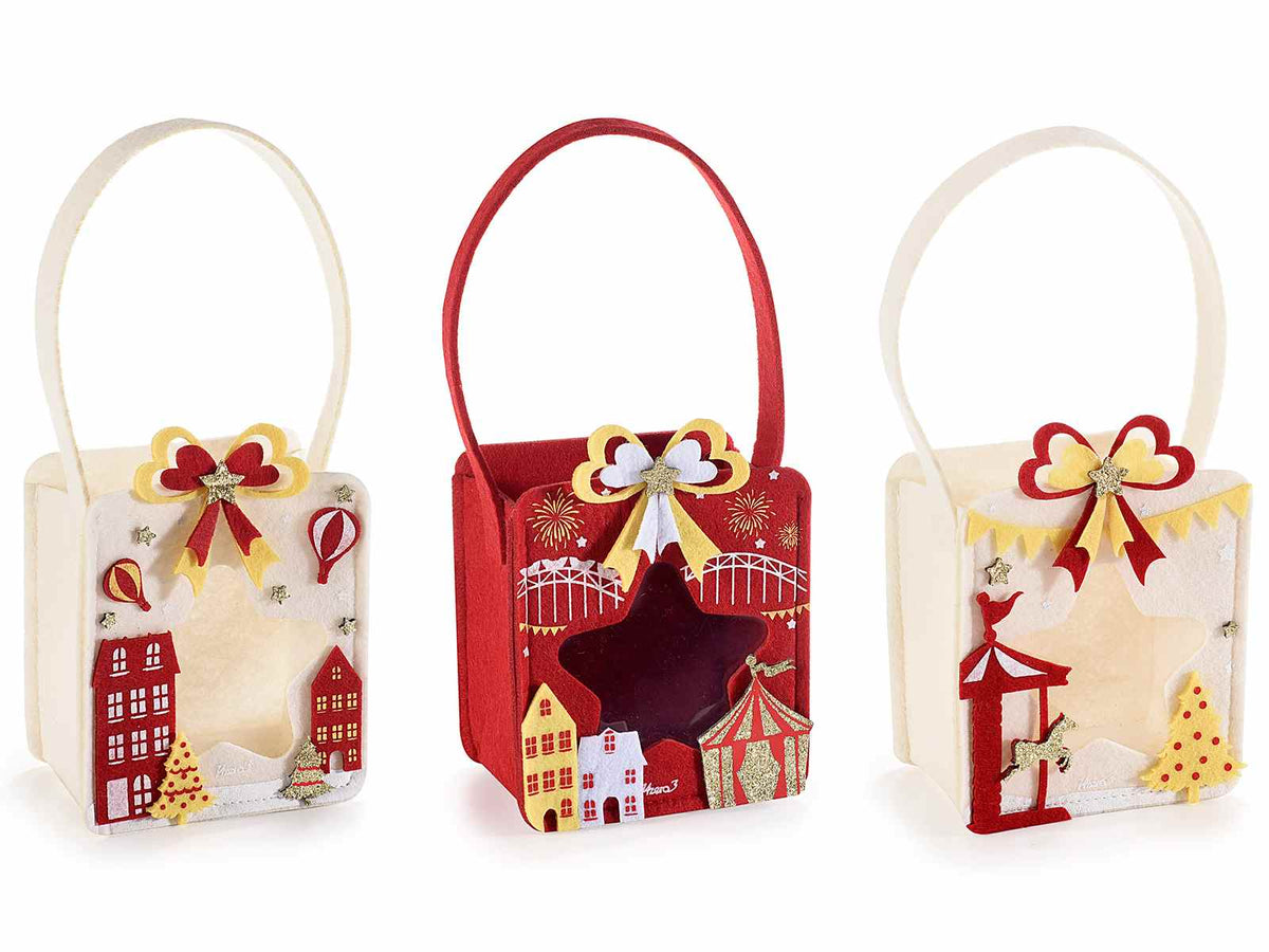 Borsette natalizie in panno con finestra, fiocco, decori in rilievo paesaggi, set da 9 pezzi, cm 11x8x14,5 H (con manico25)