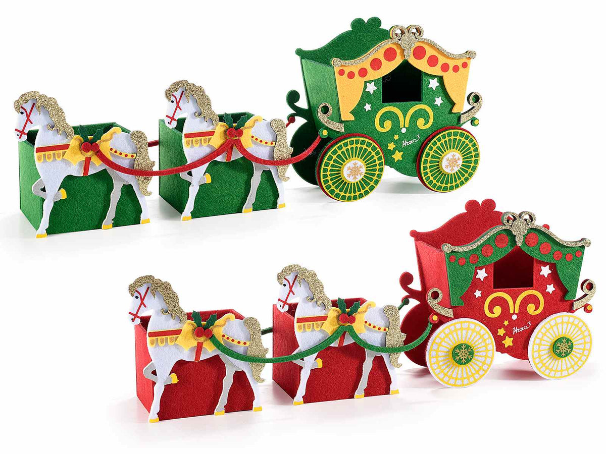 Portadolci di Natale in panno a forma di carrozza con cavalli e decorazioni, set da 4 pezzi, cm 40 x 8 x 14,5 H