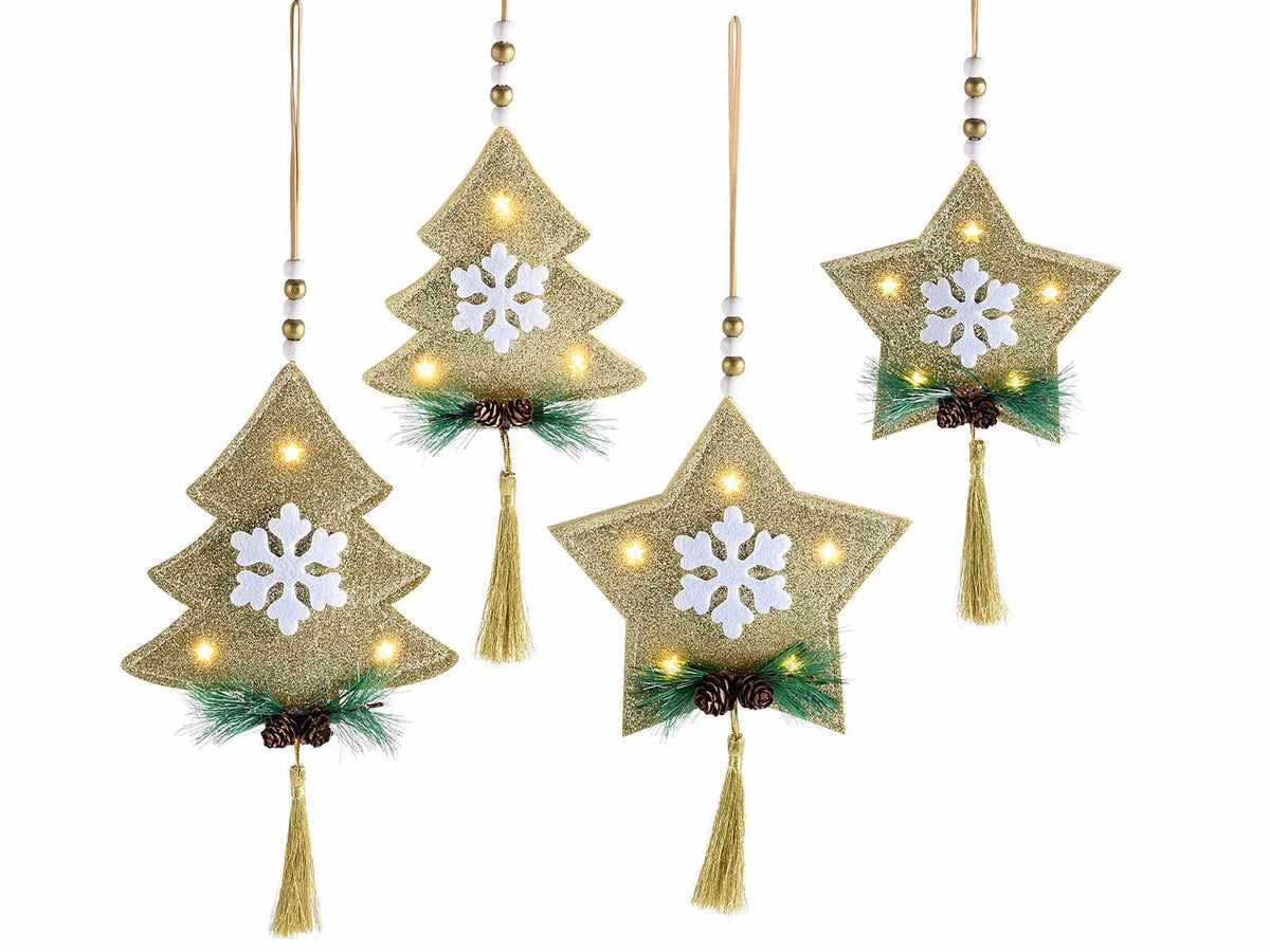 Decorazioni natalizie dorate in panno con luce da appendere a forma di stella, set da 4 pezzi, Grande: cm 15 x 16,5 H