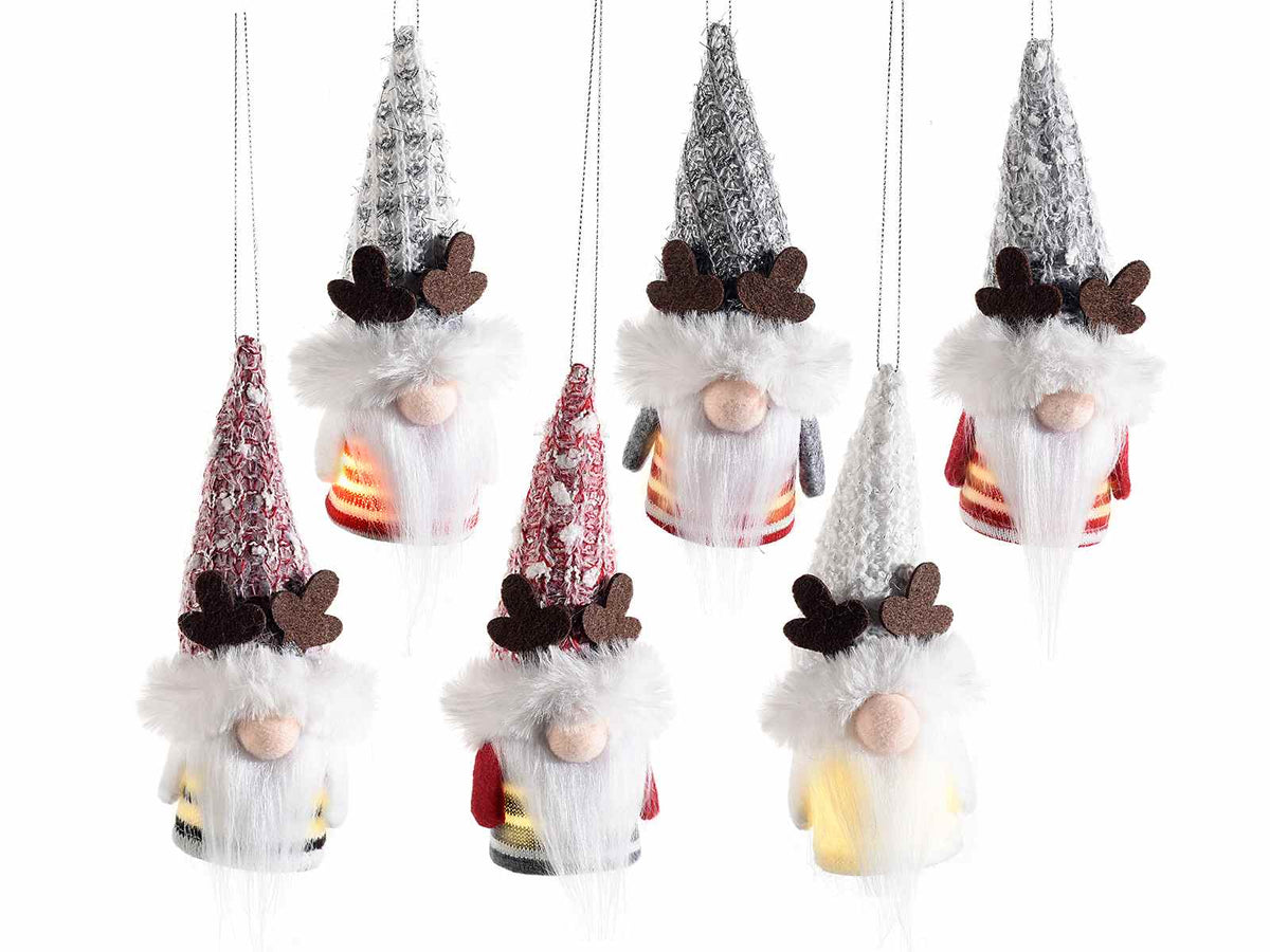 Set di 6 babbo Natale da appendere con corna di renna e luci LED da appendere, Ø 6 cm x 16 H (capp.esteso)