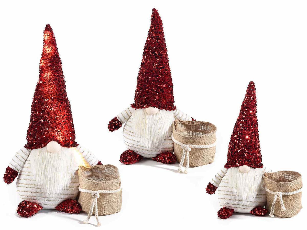 Gnomo a Babbo Natale con sacco portavaso e cappello con paillettes, Grande: cm 34 x 19,5 x 58 H