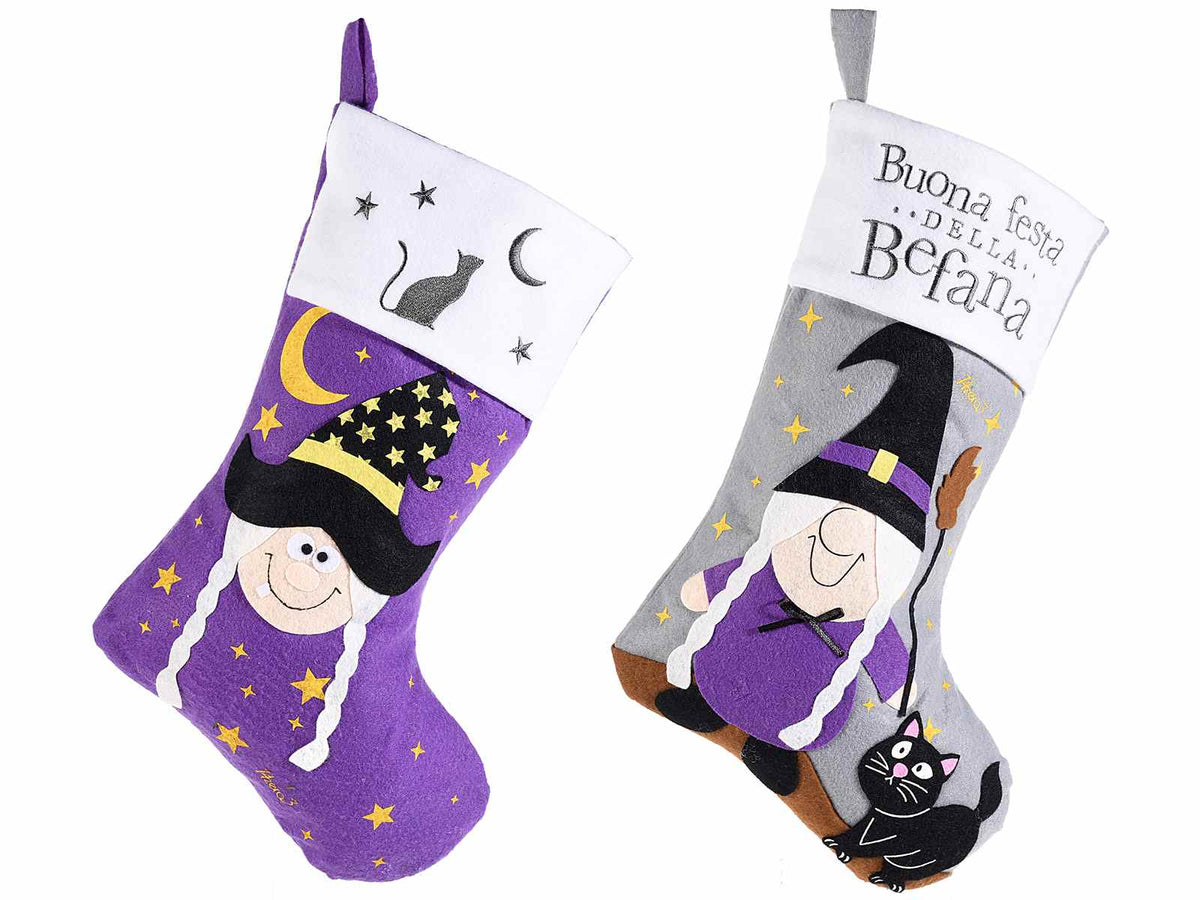 Calze epifania portadolci in panno con decoro befana da appendere e scritte, set da 6 pezzi, cm 25 x 38 H