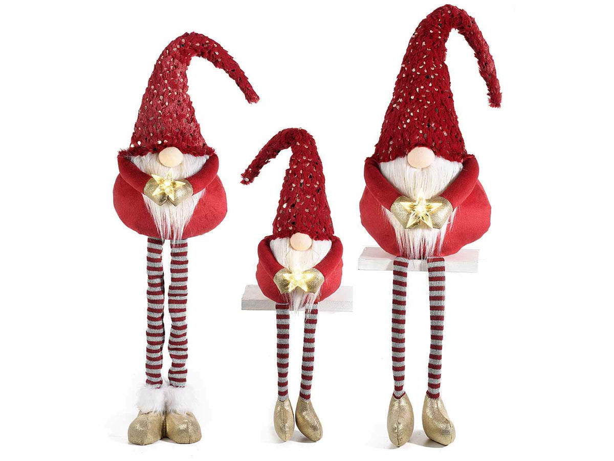 Babbo Natale a gnomo da vetrina gambelunghe in stoffa e con stella a luce LED, In piedi: da cm19x18x62H
