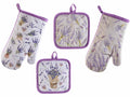 Set da cucina con guanti e presine con stampa lavanda, set da 4 pezzi, Guanto: cm 17 x 30 H