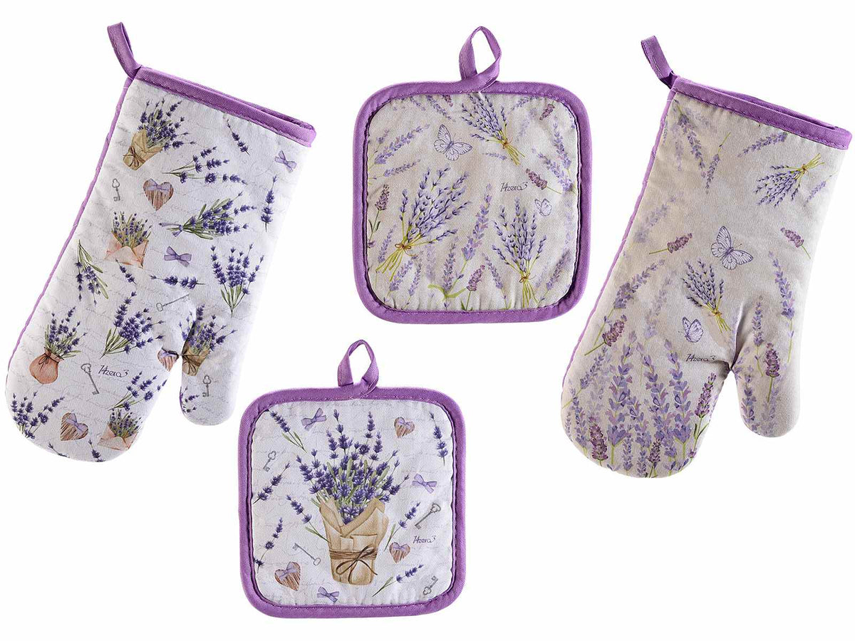 Set da cucina con guanti e presine con stampa lavanda, set da 4 pezzi, Guanto: cm 17 x 30 H