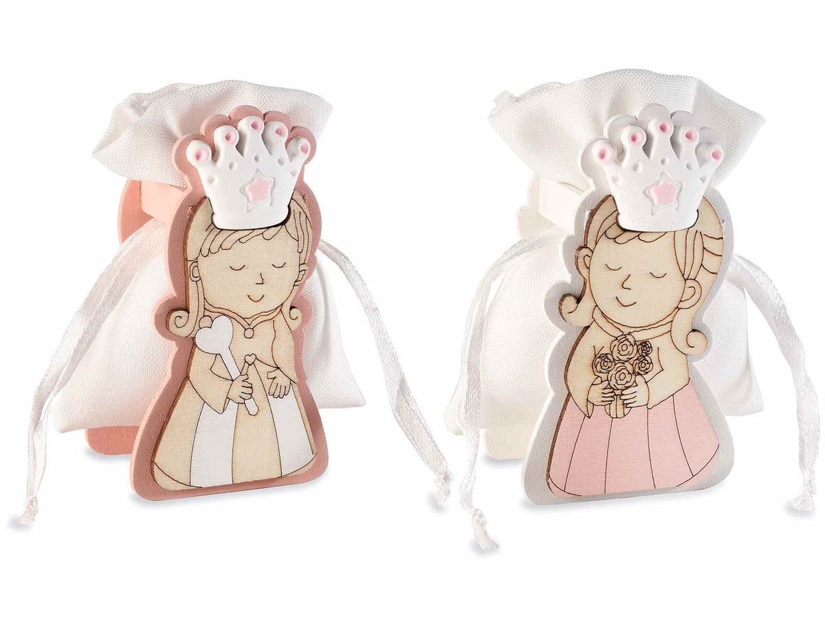 Scatoline bomboniere bimba principessa in legno con corona in gesso e sacchetto, set da 20 pezzi, cm 5 x 4 x 9 H