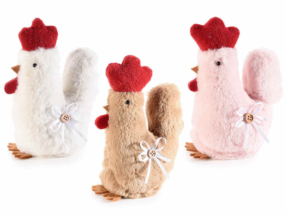 Gallinelle in morbido eco-fur colorato con fiocco, nastrino decorativo e bottone, set da 6 pezzi, cm 12 x 6 x 17,5 H