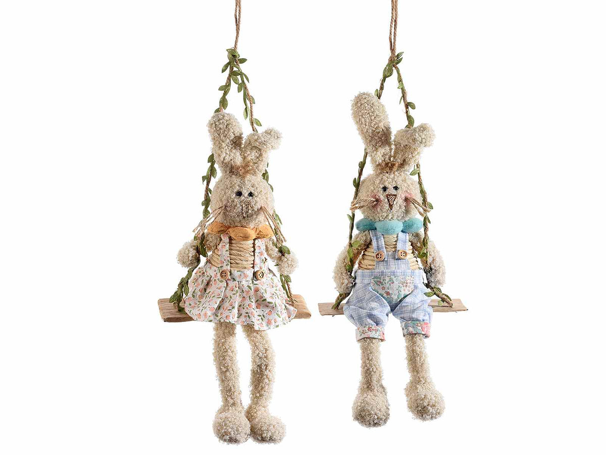 Coniglietti pasquali su altalena in stoffa da appendere, ideali per vetrine, set da 2 pezzi, cm18x9x36H (orecc.estese)