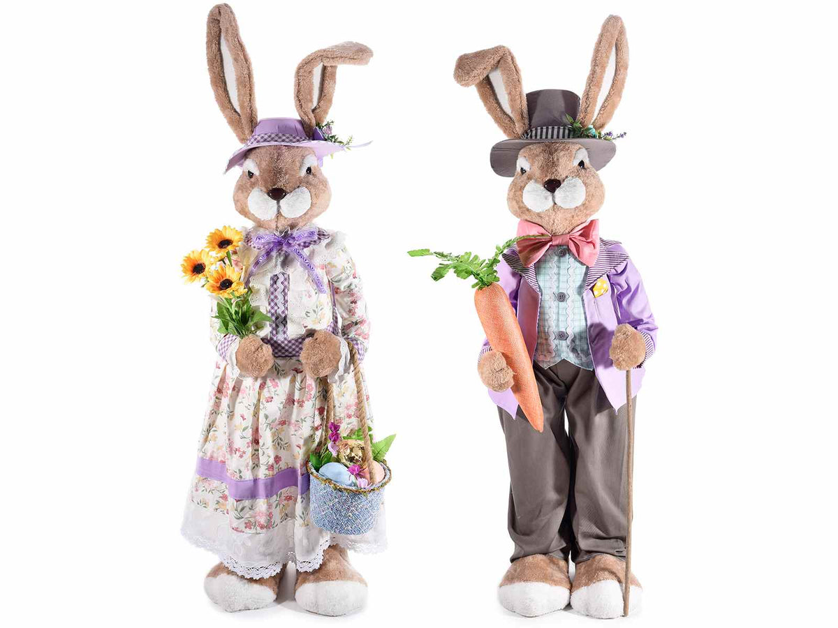 Conigli pasquali da vetrina grandi in finto pelo con abito e cappello, ideali, set da 2 pezzi, cm30x25x110H (orecc.estese)