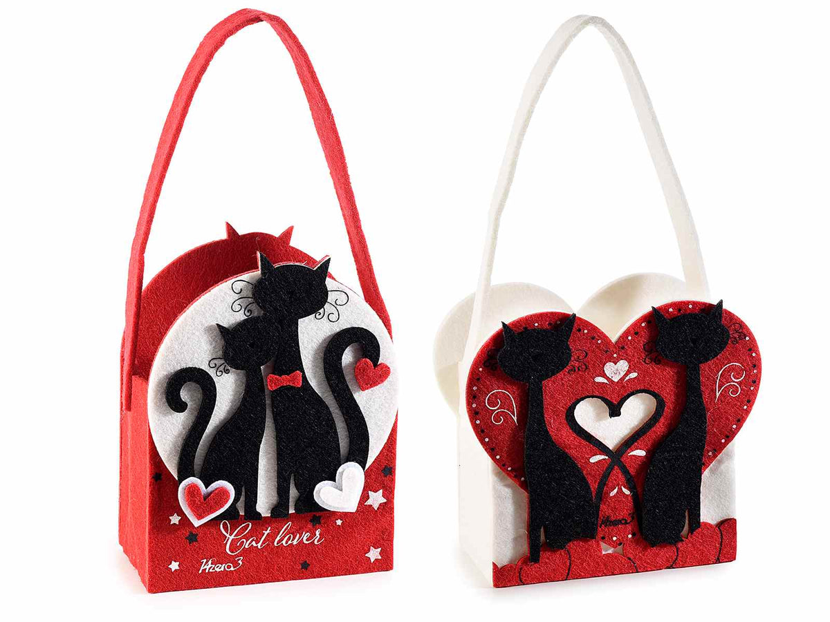 Borsette in panno rosse e bianche con gatti neri, cuori in rilievo e manici, set da 8 pezzi, cm11,5x6x15H (con manico 24)