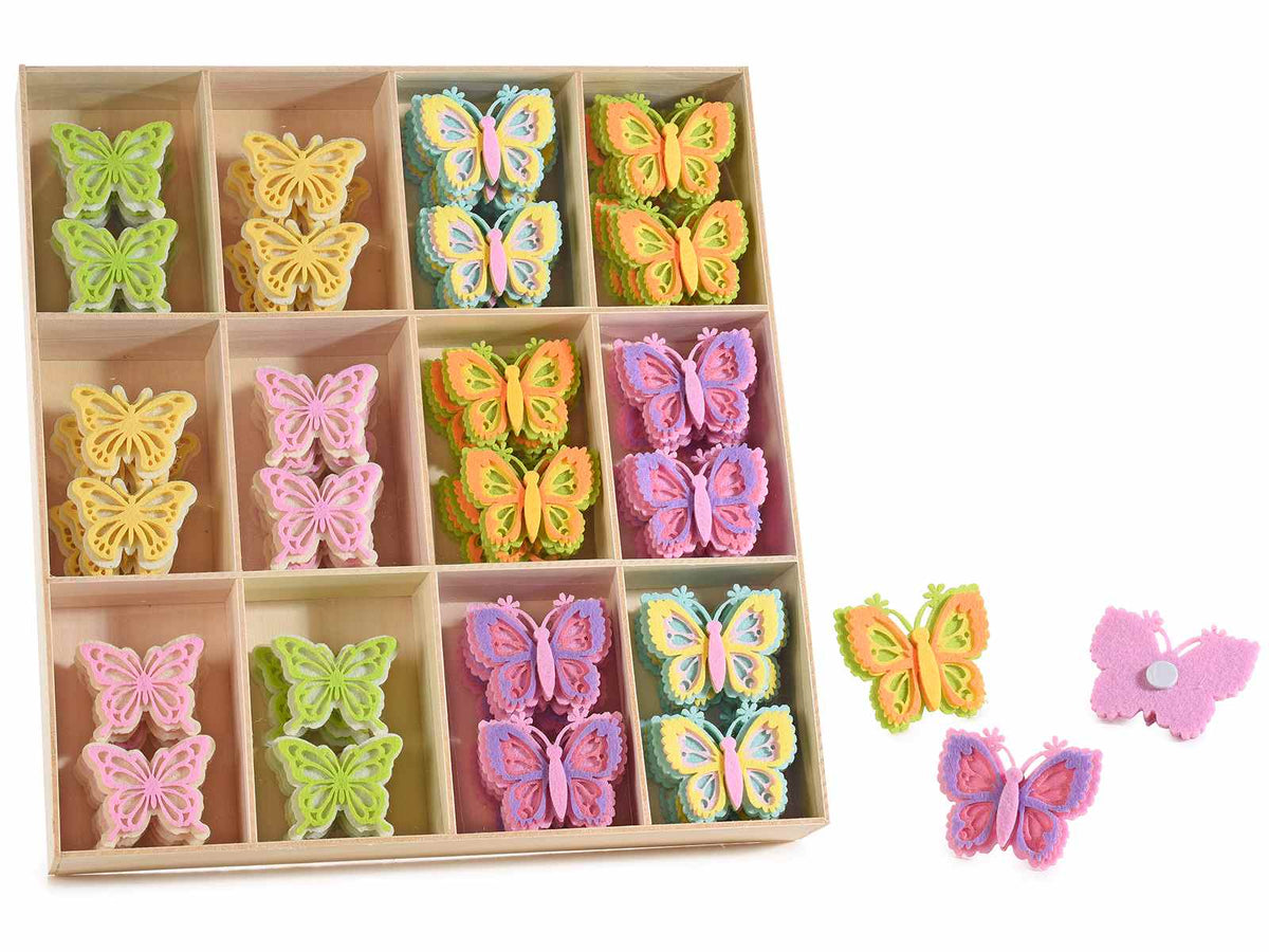 Farfalle in panno colorato con biadesivo in espositore da 108 pezzi, Grande: cm 5,5 x 4,5 H