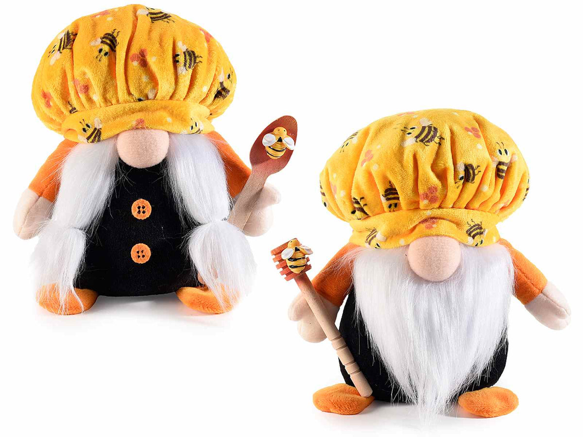 Gnometti del miele in stoffa con cucchiaio, coglimiele e apina in legno, set da 4 pezzi, cm 15 x 9,5 x 16 H