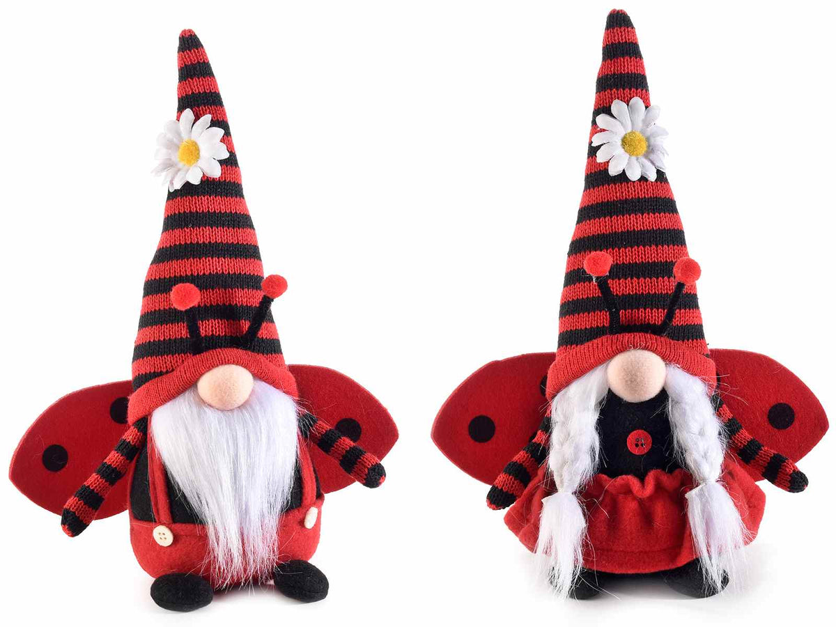 Coppia di gnometti vestiti da coccinella in stoffa con margherita su cappello, set da 4 pezzi, cm 21x9x30H (capp.esteso)