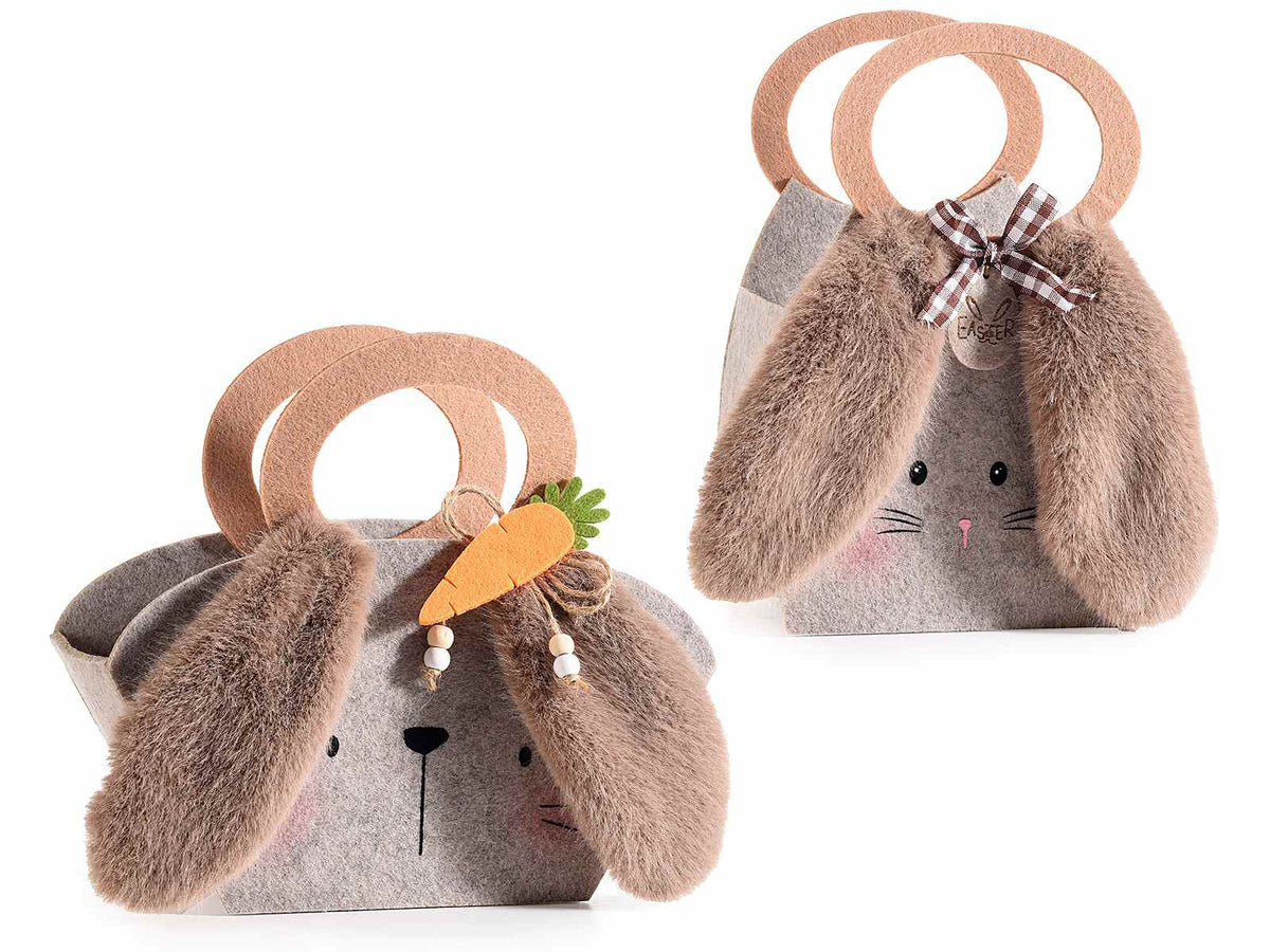 Borsette pasquali a coniglietto in panno con morbide orecchie in eco-fur, set da 6 pezzi, cm 12 x 9 x 13,5 H