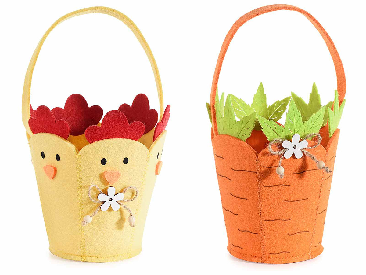 Borsette / cestini / secchielli pasquali pulcino e carota in panno colorato, set da 4 pezzi, Ø13cmx15,5H (con manico24)