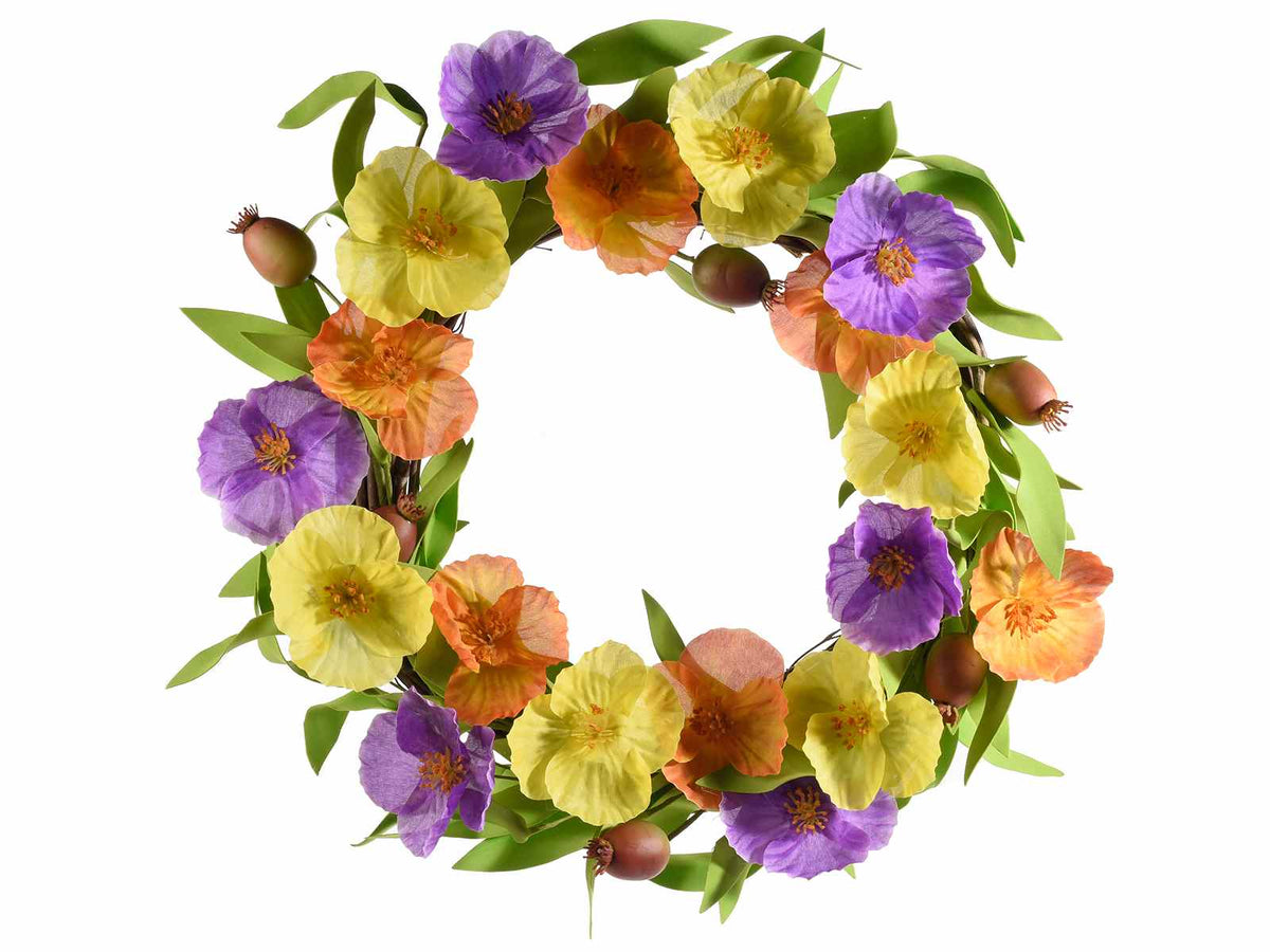 Ghirlande primaverili di papaveri artificiali colorati con foglioline e boccioli, set da 2 pezzi, Ø 33 cm - Interno: Ø 22
