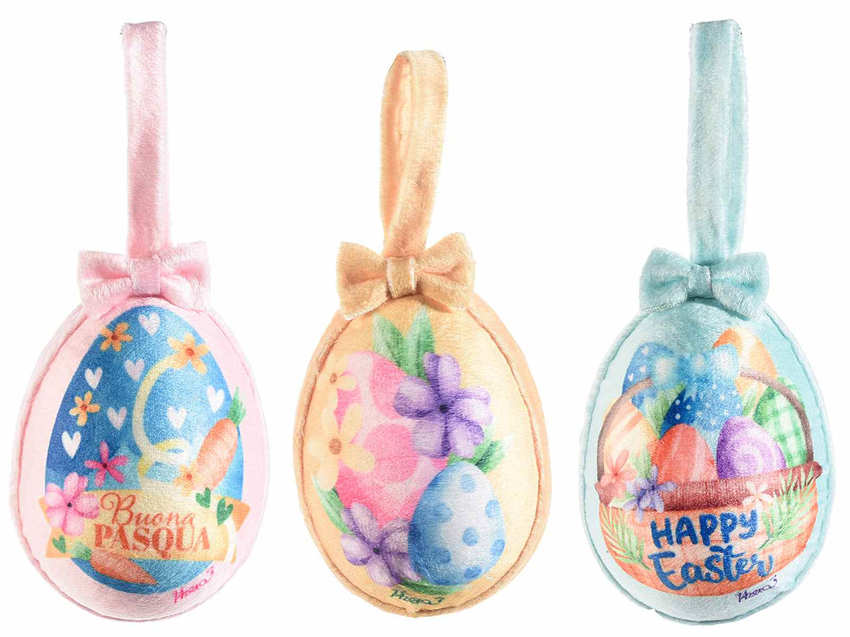 Uova di Pasqua in morbida stoffa con fiocco da appendere e scritte Buona Pasqua, set da 24 pezzi, cm 6,5 x 6 x 9,5 H