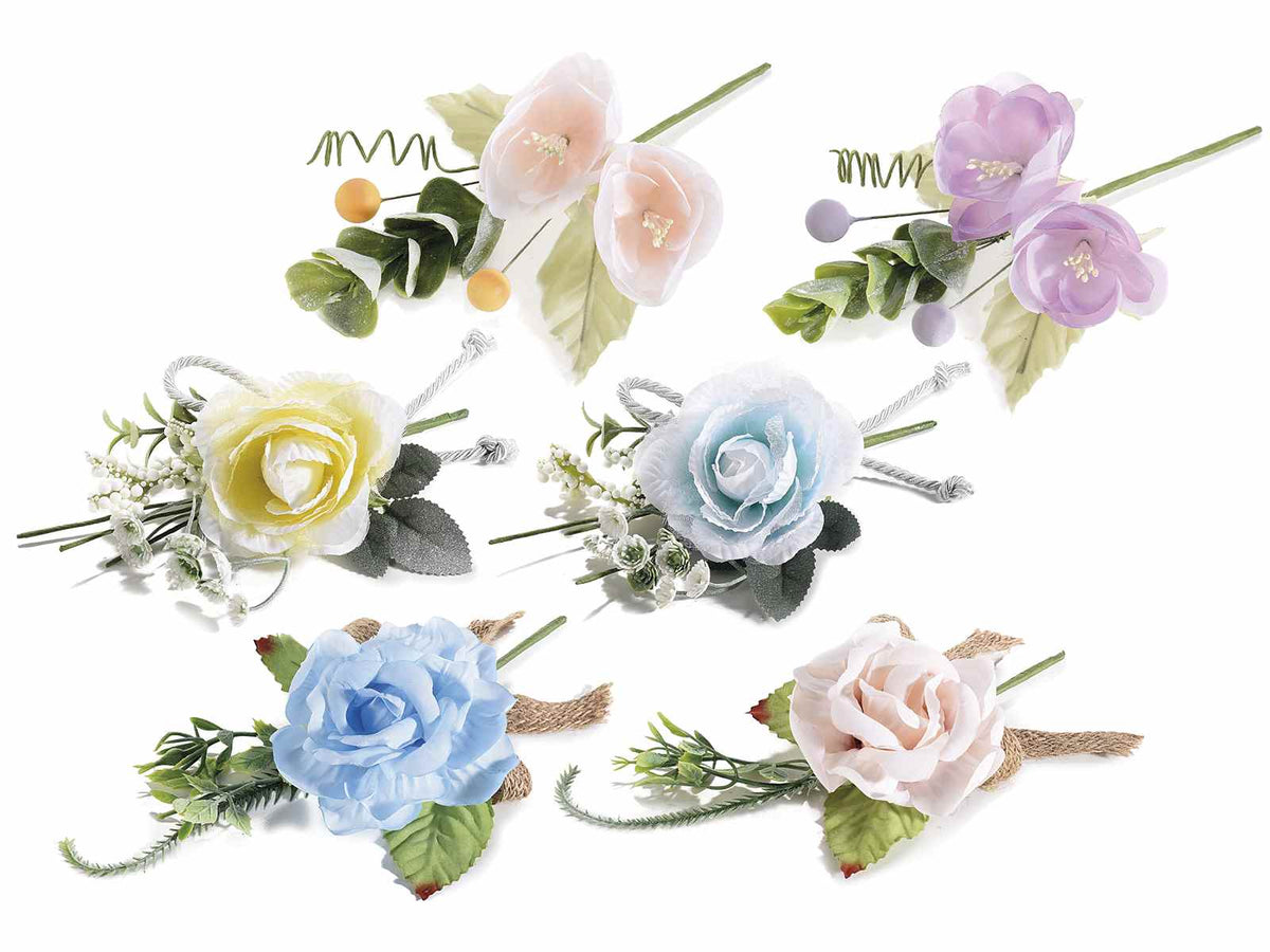 Mazzolini pick di fiori artificiali in stoffa colorati con bacche e fiocco, set da 36 pezzi, cm 9 H (con gambo 16)