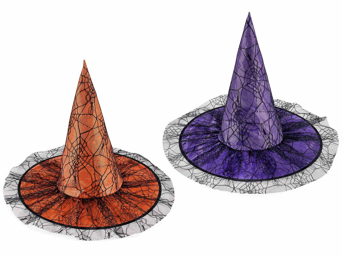 Cappelli da strega per travestimenti di Halloween in stoffa con pizzo, set da 6 pezzi, Ø 43 cm x 38 H