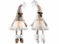 Gnomi di Natale gambelunghe in stoffa con decoro agrifoglio e luce LED, set da 2 pezzi, cm15,5x12x31H (capp.esteso)