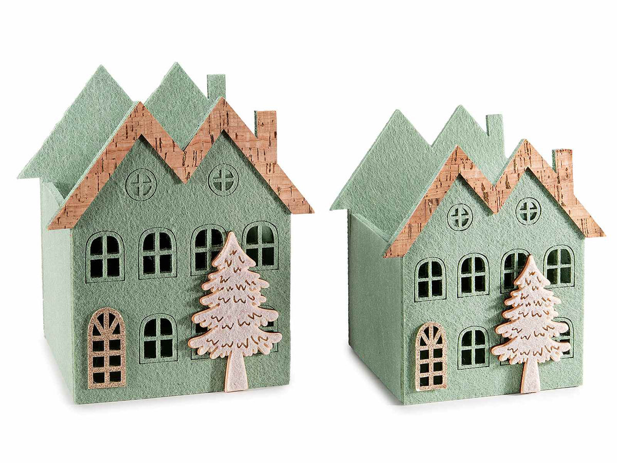 Cestini in panno di Natale a forma di a casetta con decori in sughero e glitter, set da 3 pezzi, Grande: cm 16 x 13,5 x 18 H