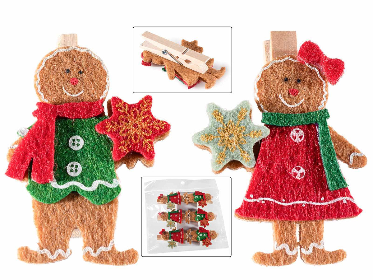 Mollette per packaging di Natale in legno con omini pan di zenzero in panno, set da 8 pezzi, cm 4 x 5,5 H