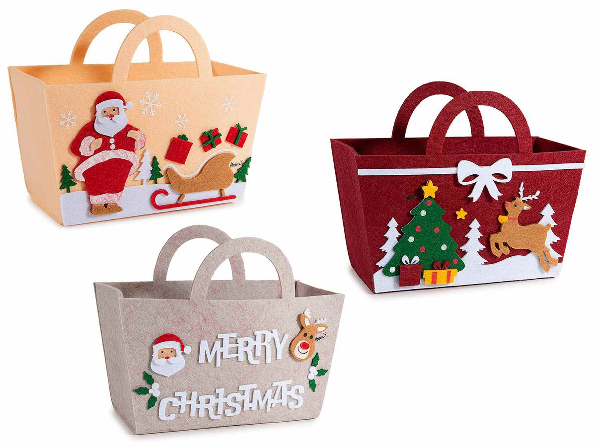 Borsette a cestino di Natale in panno con decorazioni natalizie, scritta Merry, set da 6 pezzi, cm22x10x12,5H (con manici17)