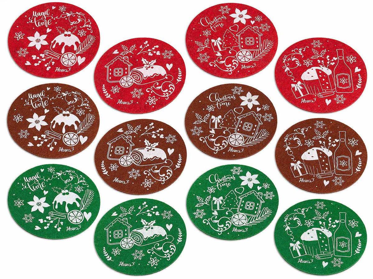 Sottobicchieri di Natale in panno con stampa natalizia, set da 18 pezzi, Ø 12 cm
