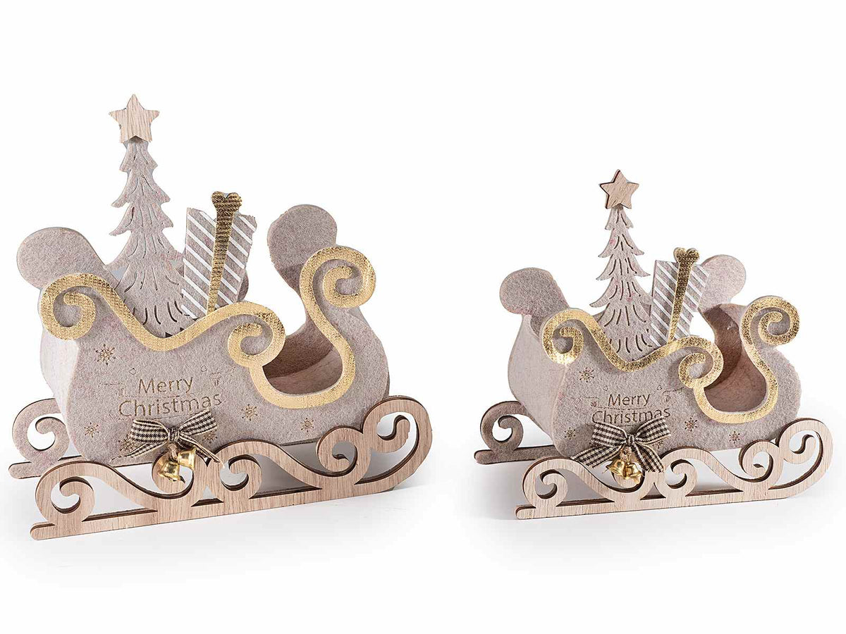 Slitte di Natale in panno con base legno e campanella, set da 3 pezzi, Grande: cm 20 x 9 x 21 H