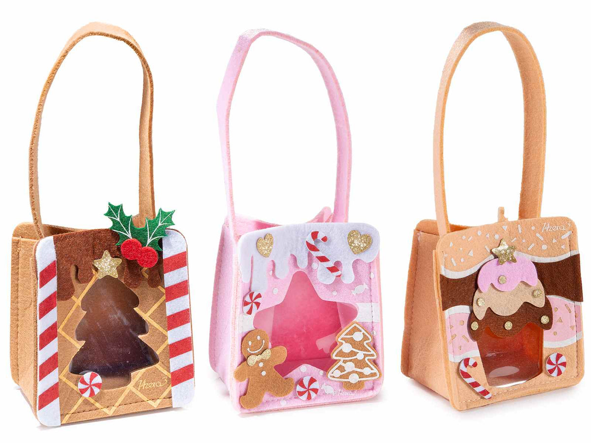 Set di 9 borsette pan di zenzero di Natale in panno con finestra, decori dolcetti in rilievo e manico, cm11x8x13H (c/manico 26)