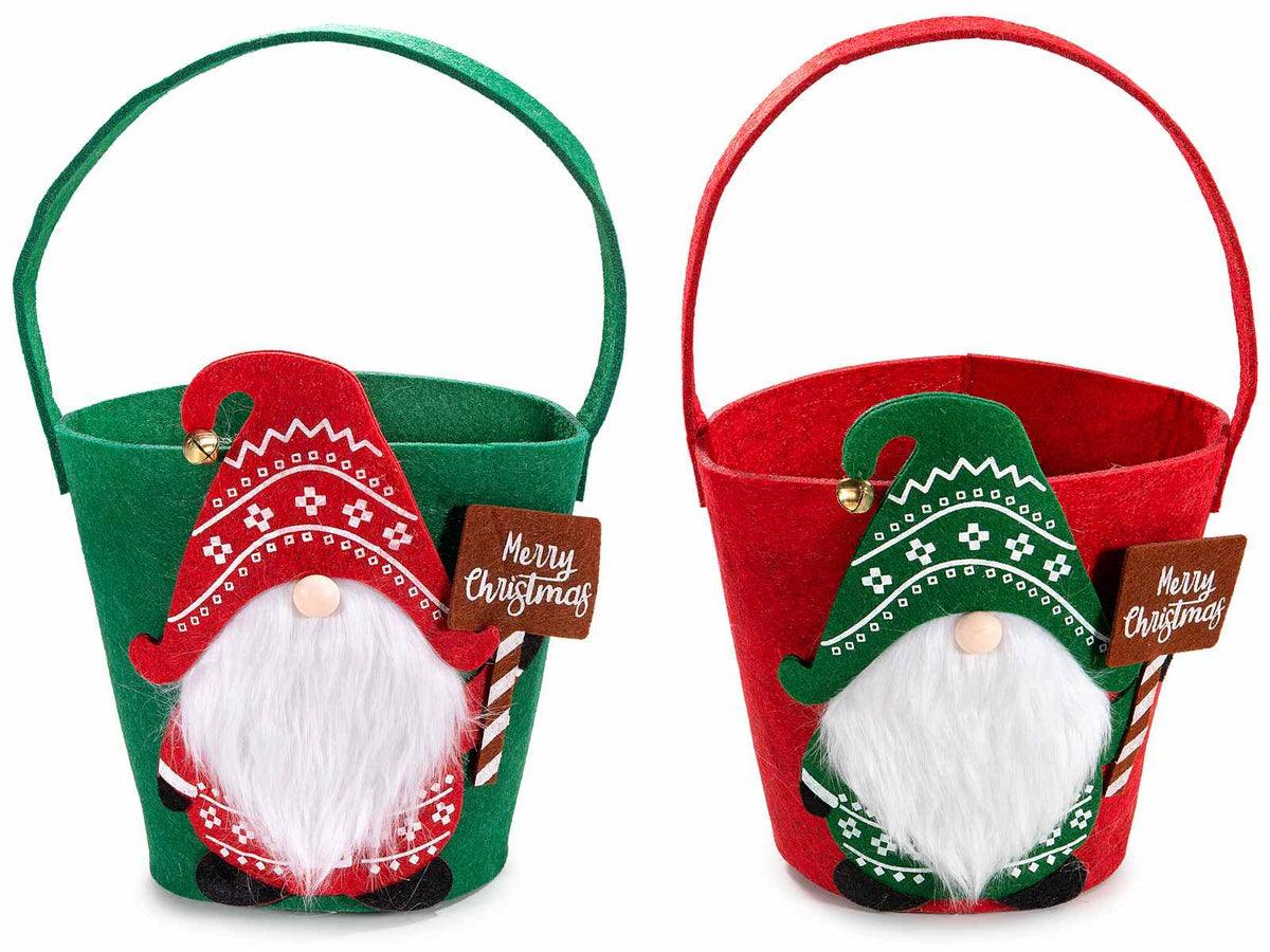 Cestini a secchiello in panno con Babbo Natale con campanella su cappello, set da 4 pezzi, Ø 15 cm x 15,5 H
