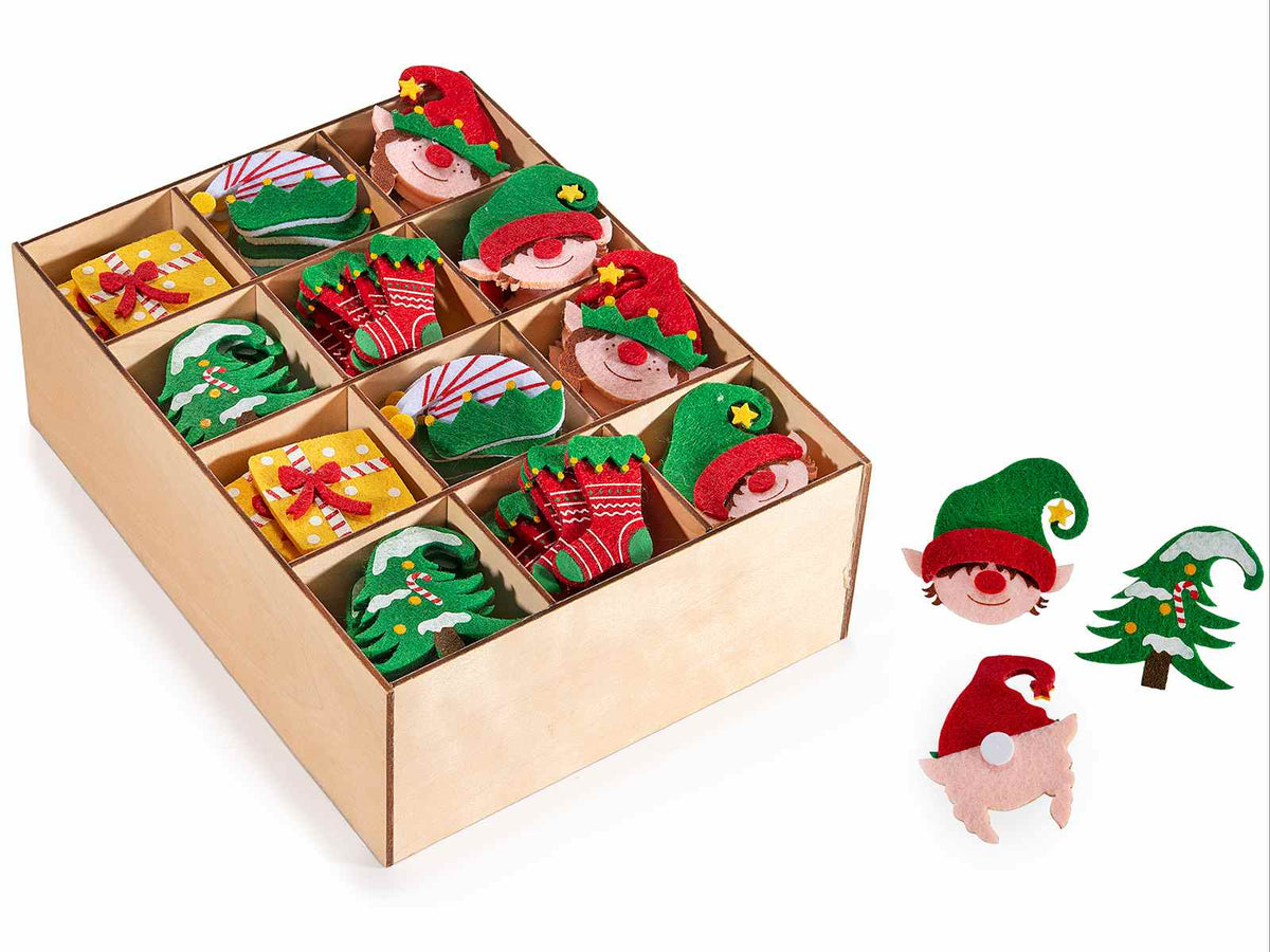 Decorazioni per packaging di Natale in panno fantasia elfi con biadesivo in espositore da 144 pezzi, Elfo: cm 5 x 6 H